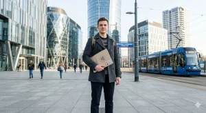 Polonya'da modern bir tramvay durağında, elinde yasal başvuru dosyaları ve öğrenci kartı tutan genç bir üniversite öğrencisinin arkasında yükselen modern Avrupa şehri silueti.