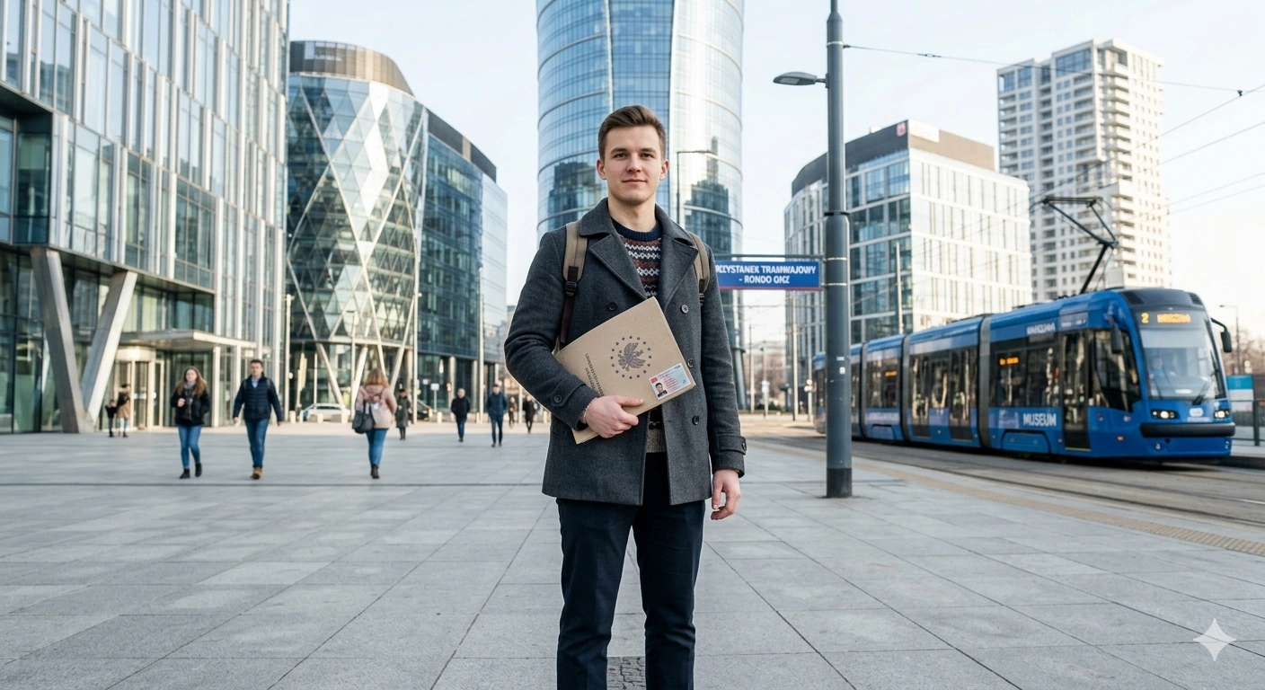 Polonya'da modern bir tramvay durağında, elinde yasal başvuru dosyaları ve öğrenci kartı tutan genç bir üniversite öğrencisinin arkasında yükselen modern Avrupa şehri silueti.